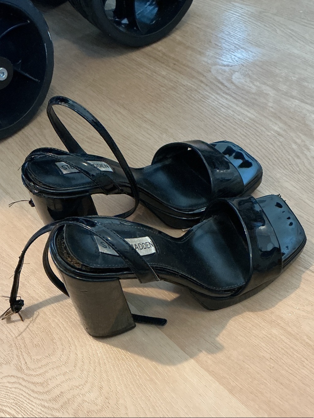 Women well worn Steve Madden Black Patent Block Heel Sandals